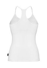 Witte sportieve tanktop met een racerback ontwerp. Gemaakt van gladde, rekbare stof. Beschikt over een getailleerde pasvorm en een klein accentlabel aan de zijkant.