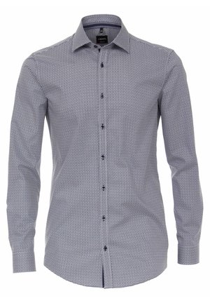 Camicia da uomo a maniche lunghe con bottoni, con piccolo motivo circolare blu navy e bianco e colletto spread.