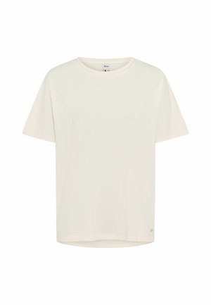 T-shirt blanc uni à manches courtes et col rond, avec une petite étiquette logo près de l'ourlet, présenté sur un fond blanc.
