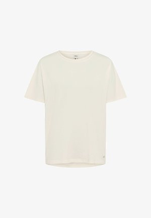 T-shirt blanc uni à manches courtes et col rond, avec une petite étiquette logo près de l'ourlet, présenté sur un fond blanc.