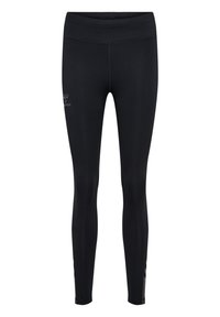 Leggings neri realizzati in tessuto elasticizzato, con una vita alta, una consistenza liscia e un dettaglio di branding discreto su un lato.