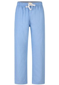 Pantalons de détente bleu clair avec cordon de serrage, ornés de subtiles rayures verticales blanches et d'une taille élastique.