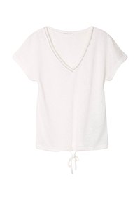 T-shirt blanc à manches courtes en V avec un cordon de serrage à l'ourlet. Présente un bord texturé le long de l'encolure. Fabriqué en tissu léger.