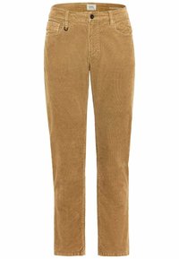 Pantalon en velours côtelé de couleur beige, avec une coupe droite, cinq poches et de légers détails de couture sur la ceinture.