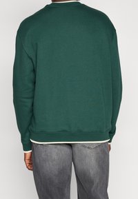 Grön crewneck sweatshirt med ribbade muddar och nederkant, tillverkad av textuerad tyg. Bakifrån visas en enkel design utan grafik eller dekorationer.