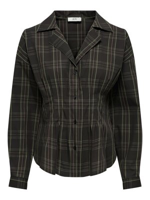 Melna un zaļa krekla blūze ar punktētu apkakli, garām piedurknēm un pogu aizdari priekšpusē. Raksturīgas šūtas krokojums un pieguļošs dizains.