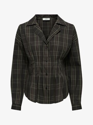 Schwarz-grün karierte Bluse mit spitzem Kragen, langen Ärmeln und Knopfleiste vorne. Mit maßgeschneiderten Falten und tailliertem Schnitt.