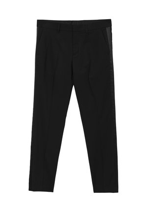 Pantalon noir avec une coupe ajustée, doté de deux poches latérales et d'une texture lisse ; sans motifs visibles ni accents en métal.