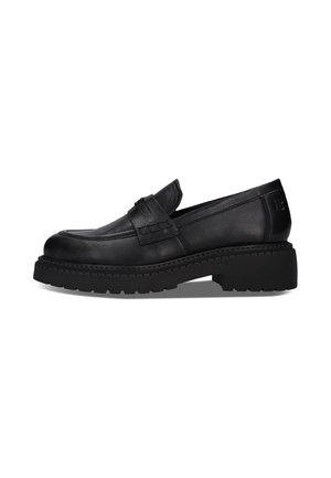 Schwarzer Lederloafer mit klobiger Sohle, abgesteppten Details und kleinem geprägtem Logo an der Ferse, von der Seite gezeigt.
