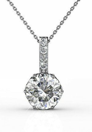 Ronde diamanten pendant aan een zilveren ketting, met een heldere rechthoekige accent met vier kleinere diamanten boven het middelpunt.