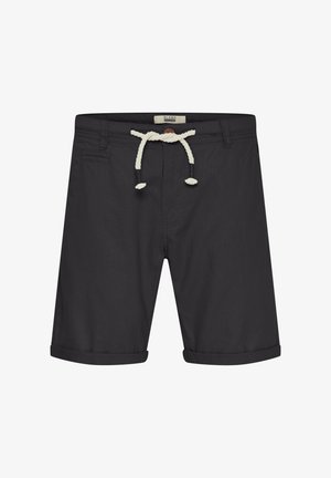 Czarne szorty wykonane z materiału o gładkiej fakturze. Posiadają podwinięty brzeg, kieszeń z przodu oraz kremowy sznurek w pasie.