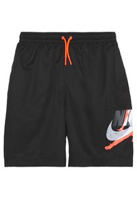 Svarta träningsshorts med elastisk midja och orange sn�örning. Har en stor färgglad Nike-logotyp på vänster sida.