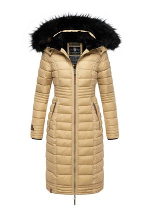 Kreminės spalvos paminkštinta striukė su užtrauktuku, turinti nuimamą juodą dirbtinio kailio gobtuvą, šonines kišenes ir raukiniais apykaklėmis. Ilgas ir tiesus dizainas.