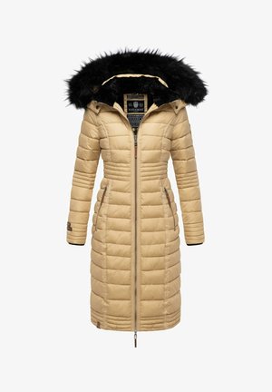Cremefarvet polstret jakke med lynlåslukning, der har en aftagelig sort kunstpels hætte, sidelommer og ribbede manchetter. Lang og lige design.