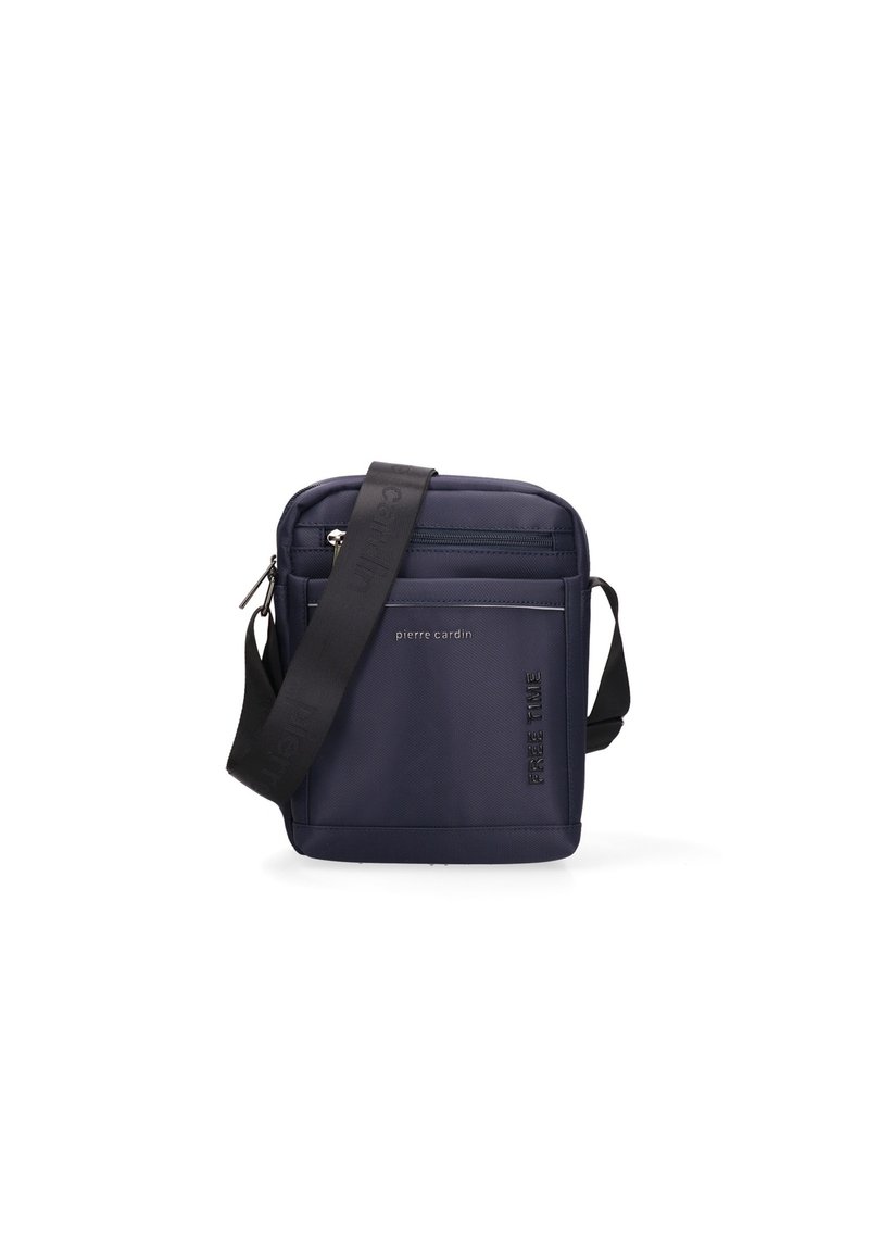 Borsa a tracolla blu navy realizzata in tessuto resistente, dotata di chiusura con zip, tasca frontale e tracolla regolabile con logo impresso.