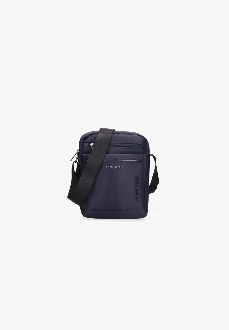 Borsa a tracolla blu navy realizzata in tessuto resistente, dotata di chiusura con zip, tasca frontale e tracolla regolabile con logo impresso.