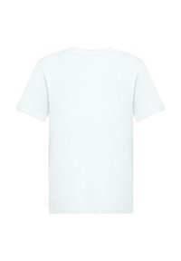 Weißes Baumwoll-T-Shirt mit kurzen Ärmeln, Rundhalsausschnitt und einfarbigem Rücken. Glatte Textur ohne Muster oder Drucke.