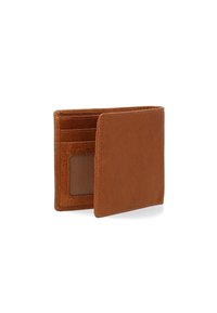 Bruine leren portemonnee met een minimalistisch ontwerp, meerdere kaartsleuven en een gaasvenster voor identiteitskaarten, die de zachte textuur en het vakmanschap benadrukt.