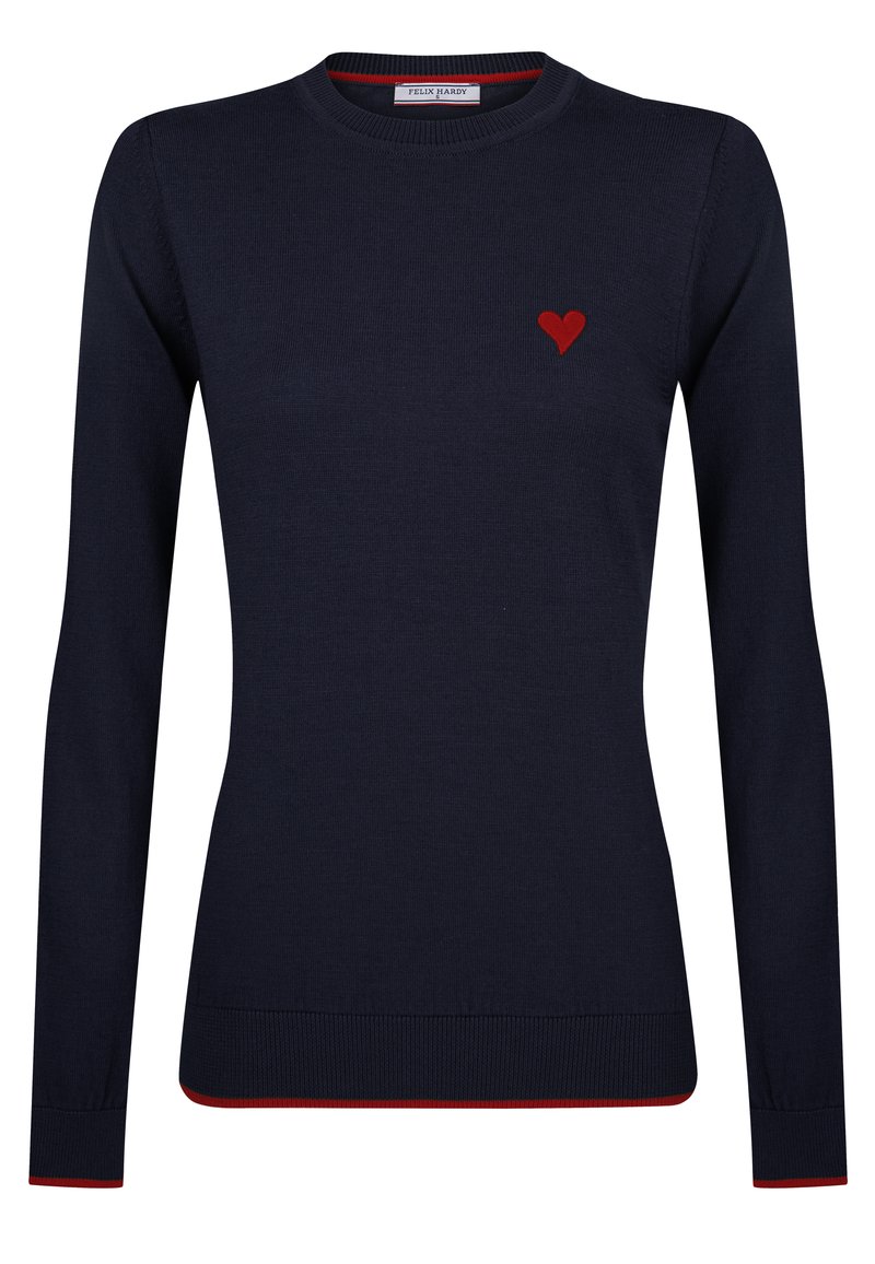 Navy-blaues Strickpullover mit langen Ärmeln, rundem Ausschnitt, roten Akzenten an den Bündchen und dem Saum sowie einem kleinen roten Herzen-Emblem auf der Brust.