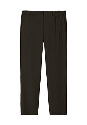 Dark brown straight-leg pants with an elastic waistband and belt loops, featuring side pockets and a smooth front design.