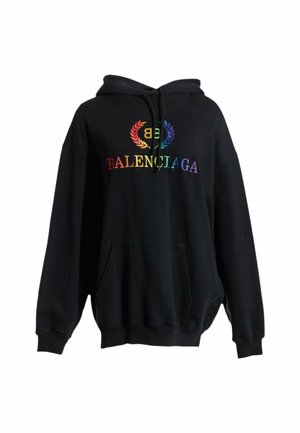 Schwarzer Balenciaga-Hoodie mit regenbogenfarbenem Logo und Lorbeerkranz-Design, vorne Kängurutasche und Kordelzugkapuze.