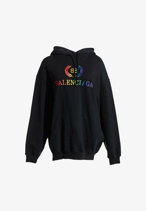 Sweat à capuche noir Balenciaga avec logo aux couleurs de l’arc-en-ciel et motif de couronne de laurier, poche kangourou devant et capuche avec cordon de serrage.