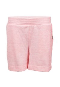 Shorts en tissu côtelé rose pâle avec une large ceinture élastique et une petite étiquette latérale, conçus pour une tenue décontractée.