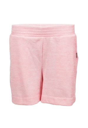 Shorts en tissu côtelé rose pâle avec une large ceinture élastique et une petite étiquette latérale, conçus pour une tenue décontractée.