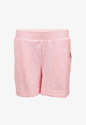 Mekane ružičaste kratke hlače od rebraste tkanine s širokim elastičnim pojasom i malom bočnom oznakom, dizajnirane za ležerno nošenje.