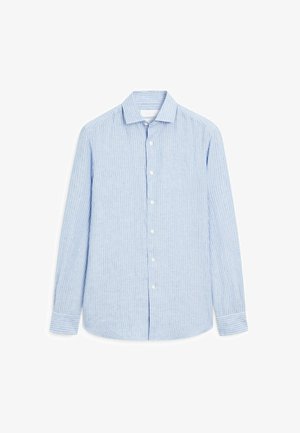 Lichtblauwe gestreepte blouse met lange mouwen en een button-down kraag, gemaakt van zachte stof, met witte knopen en een afgeronde zoom.