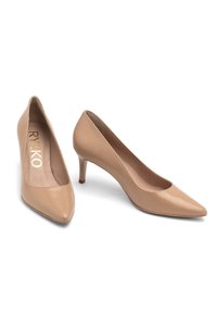 Décolleté beige in pelle con punta squadrata e silhouette slanciata. Presentano un tacco sottile e una fodera interna minimalista.