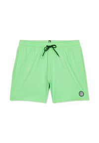 Shorts de bain pour hommes de couleur vert clair avec cordon de serrage noir, poches latérales et un petit logo circulaire noir et blanc sur la jambe gauche.