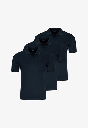 Drei schwarze Kurzarm-Poloshirts mit Kragen und Brusttaschen auf der linken Vorderseite, nebeneinander auf weißem Hintergrund angeordnet.