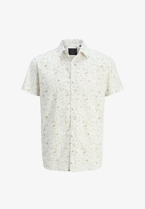 Short-sleeve shirt in light cream with a floral pattern in earthy tones. Features a classic collar and button-front closure.