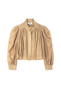 Korte beige jas met opbollende mouwen, sluiting met knopen aan de voorkant en een gestructureerde stof. Heeft een hoge hals en geplooide details.