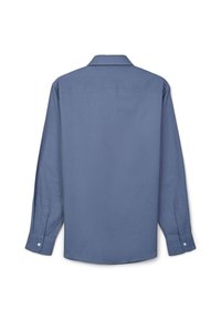 Langärmliges, schieferblaues Hemd mit Knopfleiste und Kragen, von hinten gezeigt, mit geknöpften Manschetten und einer Passe über den Schultern.