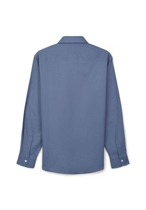 Langarmhemd aus hellblauem Stoff. Mit Kragen, Knopfmanschetten und geradem Rückenteil. Glatte Textur ohne Muster.