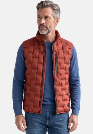 Mann mit grauen Haaren und Bart, der eine rostfarbene gesteppte Weste über einem blauen Pullover und blauen Jeans trägt.