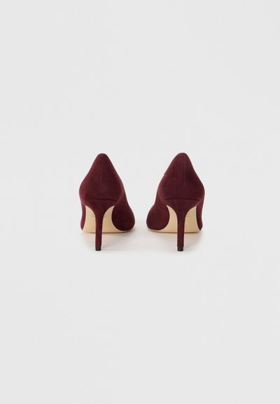 Scarpe con tacco alto in suede bordeaux con design a punta. Tacco stiletto sottile e texture liscia con finitura opaca.