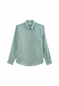 Chemise à manches longues verte claire, en tissu lisse, dotée d'un col, de boutons sur toute la longueur et d'une poche sur la poitrine gauche.