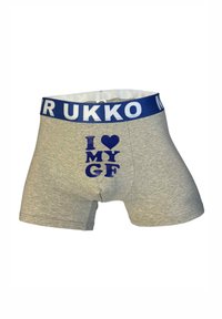 Graue Baumwoll-Boxershorts mit einem blauen elastischen Bund mit der Aufschrift "MR UKKO." Der Frontdruck zeigt "I ♥ MY GF" in fetten blauen Buchstaben.
