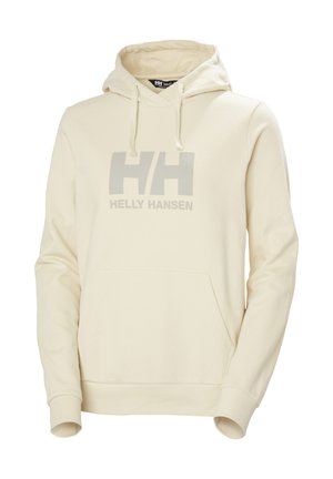Kremowy hoodie z dużym szarym logo "HH" i napisem "HELLY HANSEN". Posiada kangurzą kieszeń oraz kaptur ze sznurkiem. Miękka tkanina.