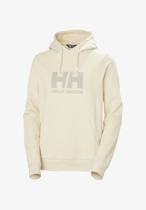 Kremowy hoodie z dużym szarym logo "HH" i napisem "HELLY HANSEN". Posiada kangurzą kieszeń oraz kaptur ze sznurkiem. Miękka tkanina.