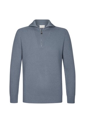 Hellblauer, gerippter Strickpullover mit einem Reißverschluss und einem V-förmigen Kragen sowie langen Ärmeln. Weiche Textur und figurbetonte Silhouette.