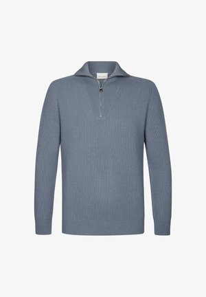 Lichtblauwe, ribbelgebreide pullovertrui met een rits, V-vormige kraag en lange mouwen. Zachte textuur en getailleerde pasvorm.