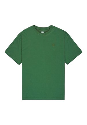 T-shirt verde in cotone con scollatura a girocollo, maniche corte e un piccolo logo ricamato sul lato sinistro del petto. Tessuto leggero e dalla texture liscia.