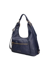 Borsa a spalla in pelle blu navy con un design morbido, dettagli in metallo dorato e una tasca con zip anteriore. Dotata di una sola tracolla.