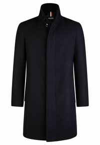 Cappotto di lana navy con colletto alto, due tasche laterali, chiusura anteriore con bottoni e un sottile dettaglio a contrasto nella fodera interna.