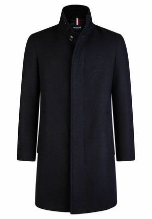Marineblauer Wollmantel mit hohem Kragen, zwei Seiten Taschen, vorderem Knopfverschluss und subtilen kontrastierenden Innenfutterdetails.