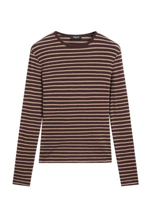 Long-sleeve striped t-shirt in dark brown and beige. Features a round neckline and soft texture with evenly spaced horizontal stripes.
